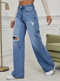 GETADME Women's Jeans Denim Pants Wide Leg Vintage Distressed Ripped Trousers 2026 Streetwear Washed Pockets Floor Length Hole Jeans