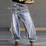 GETADME Women Wide Leg Pants Jeans Rhinestone Denims Distressed Washed Full Length Vintage Asymmetrical Trousers Y2k Streetwear 2026