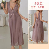 GETADME Sexy Pajamas Long Nightgown Home Wear Fashion Lace Dress For Women Deep V Sleepwear Chiffon Nightdress Wedding Night Clothes
