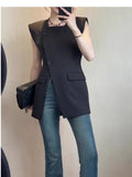 GETADME French 2025 Black Suit Vest Summer Hot Style Young Commuter Design Split Sleeveless Top  roupas femininas