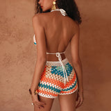 GETADME 패션 스타일 핸드 크로셰 멀티컬러 투피스 비키니 커버업 타이업 탑 반바지 수트 여성 휴가용 할로우 아웃 비치웨어