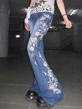 GETADME Women's American Retro High Street Flare Jeans Delicate Rose Embroidery Slim Fit Wide Leg Denim Pants with Flattering Silhouette