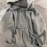 GETADME Gray Hooded Sweater Coat Autumn Winter Double Zipper Long Sleeve Loose Fashion Korean Soft Thickened Knitted Tops Coats