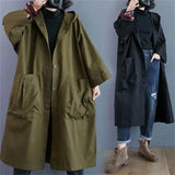 GETADME Oversized Spring And Autumn Trench Coat Women's New Korean Loose Versatile Hooded Windbreaker Women's Long Coat Big Pocket Jacke