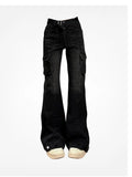 Getadme High Street Office Lady Black Flare Jeans Slim Bell Bottoms Gyaru Fashion Denim Trousers Multiple Pockets 2000s American Retro