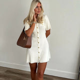 GETADME White Elegant Knitted Mini Dress For Women Metal Button Sexy Slim Rib Sweater Dress Holiday Party Outfits Autumn 2025 New
