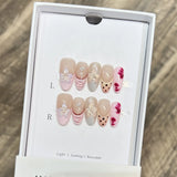GETADME 10Pcs Nude Pink Press on Nail Gold Stripe Bow Design Stick-on Nail Set Reusable Short Almond 3D Flora White French Acrylic Nails