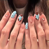 Getadme 10pcs Handmade French Short Press On Nails Blue Brown Polka Dot Bow Star Design Fake Nail Wearable Nail Art Tips for Girls