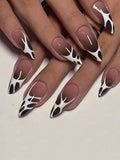 GETADME 24개 롱 프레스 온 네일 스틸레토 블랙 실버 리본 비대칭 가짜 네일 파우더 풀 커버 가짜 네일 세트 저렴한 네일
