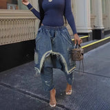 GETADME Women Jeans Harem Pants Hip Hop Punk Denim Pant Hole Elastic Waist Washed Distressed Pockets Streetwear 2025 Ripped Trousers