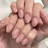 GETADME 24Pcs Short Oval Head Blush Pink Press on Nails with Simple Designs Almond Nails Wearable Acrylic Full Cover Nail Tips with Glue