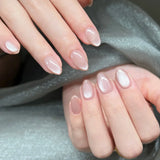 GETADME 24Pcs Short Oval Head Blush Pink Press on Nails with Simple Designs Almond Nails Wearable Acrylic Full Cover Nail Tips with Glue