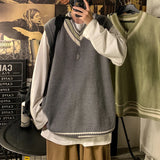 GETADME 가을 겨울 V넥 니트 스웨터 조끼 남성 오버사이즈 루즈핏 슬리브리스 풀오버 탑 2025 남성 한국식 따뜻한 스웨터 탱크 탑 