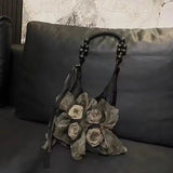 GETADME 중국 스타일 장미 장식 숄더백 패션 통근용 토트백 클래식 플리츠 핸드백 고품질 여성 겨드랑이 가방