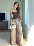GETADME HipSeam Women Satin Trousers With Belt Spring Summer Simple Women's Pants Versatile Female Loose Pants Pocket Wide Leg Pants