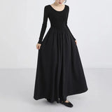 GETADME Korean Slim Waist Long Dresses for Women French Style Patchwork Long Sleeve Dress Woman Elegant Simple O-Neck A-Line Midi Dress