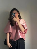 GETADME Solid Satin New Women's Blouse Top With Pouf Balloon Sleeve Spring Summer Female Sleeves O Neck Loose Short Shirt Female Blouses