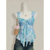 GETADME Summer fashion new V-neck bow slimming and slimming design, floral micro transparent suspender versatile top