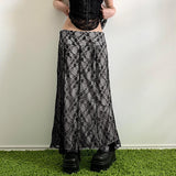 Getadme-Rockmore Lace Double Layer Long Skirts Black Baggy y2k Aesthetic Straight Midi Skirts femme Clothing 2000s Grunge Fairycore