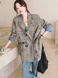 GETADME High Street Y2K Design Graffiti Plaid Blazer Jacket Loose Tailored Coat Women Casual Funny Cartoon Clothes Harajuku New Autumn