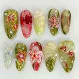 GETADME 24Pcs 3D Strawberry Rabbit Flower Fake Nails Press on Mid-length Almond Wearable False Nails Green Gradient Pearl Manicure Tips