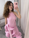 GETADME Women Romantic Yellow Halter Maxi Dress Ribbed Knit Ruffled High-slit Slim-fit Vestido 2026 Lady New Spring Trendy Fashion Robes