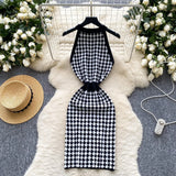 GETADME 2025 New Luxury Houndstooth Knitted Dress Summer Sleeveless Halter Metal Button Design Women Bodycon French Print Sexy Dresses