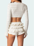 Getadme Women Knitted 2 Piece Short Set Chic Solid Color Crew Neck Long Sleeve Knit Crop Tops Ruffles Tiered Shorts Autumn Outfit Trendy