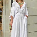 GETADME Elegant Deep V Neck Fashion Women Jumpsuit Bat Sleeves High Waist Wide-leg Loose Commuting Party Club Romper 2025