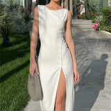 GETADME O Neck Chic Side Single-breasted White Women Dress Sleeveless Temperament Split Slim Bag Hip Bodycon Lady Holiday Going Out Gown