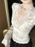 GETADME See Through Sexy T-Shirts Fashion Women Flare Long Sleeve Spring Summer Lace Beauty Crop Tops Casual Streetwear V-Neck Chic Tees