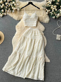 Sexy Camisole+A Line Long Skirt Fashion Elastic Bohemian Suits  Summer Lace Patchwork Beach Two Pieces Sets Women