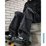 Getadme-Autumn And Winter New Japanese Overalls Jeans Men And Women American Retro High Street Micro-la Washed Wide-leg Straight Pants