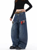 GETADME 2025 Ropa Y2K Streetwear Plaid Patchwork Baggy Stacked Jeans Pants For Women Clothing Vintage Blue Wide Leg Lady Denim Trousers