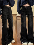 Getadme High Street Office Lady Black Flare Jeans Slim Bell Bottoms Gyaru Fashion Denim Trousers Multiple Pockets 2000s American Retro