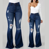 GETADME Denim Womens Pants High-stretch Ripped Jeans High-waisted Flared Trousers for Women