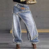 GETADME Women Wide Leg Pants Jeans Rhinestone Denims Distressed Washed Full Length Vintage Asymmetrical Trousers Y2k Streetwear 2026