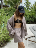 Ensemble short décontracté pour femme GETADME Wolfeel, 100 % coton, couleur unie, chemise confortable à revers et manches longues, idéal pour l'été avec taille élastique.