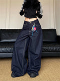 GETADME Women's Vintage Deep Blue Loose Wide Leg Jeans Street Cool Girl High Waist Baggy Pants Female Casual Straight Denim Trousers