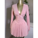 Getadme Women's Party Mini Dress 2025 Spring/summer Latest Casual Sexy Plunge Ruched Lantern Sleeve Button Daily A Line Short Skirt