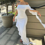 GETADME Summer Newly Irregular Ruffle Fringe Party Off Shoulder Dress Elegant One Sleeve 2025 Slim Hip Package Lady Split Vacation Robes