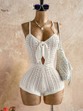 GETADME Boho White Crochet Romper for Women Front Tie Hollow Out Sleeveless Backless Knitted Playsuit Beach Holiday Outfit