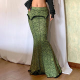 GETADME Lace Stitching Skirts For Women Vintage Floral Printing Green Elegant Evening Party High Elastic Waist Mermaid Skirts Fall 2025
