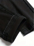 GETADME Men's Black Distressed Jeans Skull Patch & Embroidery Letter Print Slim Fit Stretch Denim Pants Street Fashion Biker Trousers