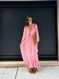 GETADME Elegant Solid Multiple Flounces Lace Up Dresses Chic Loose V Neck Full Sleeve Robes New Lady Summer Commute Vacation Gown 2025