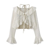GETADME Women Autumn Top French Retro Sweet Jacket Waisted Short Lace Ruffle Edge Spicy Style Suspenders Two Piece