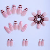 GETADME 24pcs Spring Day Sweet False Nails Cute Pink Flower Star Pearl Designs Press On Nails Stripes French Style Almond Fake Nail