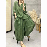 GETADME Loose Ramie Set For Women Large Size With Bat Sleeves V-neck Cotton Linen T-shirt Casual Lantern Pants Two-Piece Set For Summer
