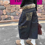 GETADME 여성용 Y2K 유럽 및 미국 힙합 레오파드 프린트 패치워크 청바지 대형 포켓 스트레이트 와이드 레그 루즈 크롭 팬츠