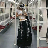 GETADME Y2K Streetwear Hip Hop Cargo Pants Women Summer High Waist Loose Plaid Patchwork Wide Leg Pants American Baggy Casual Trousers